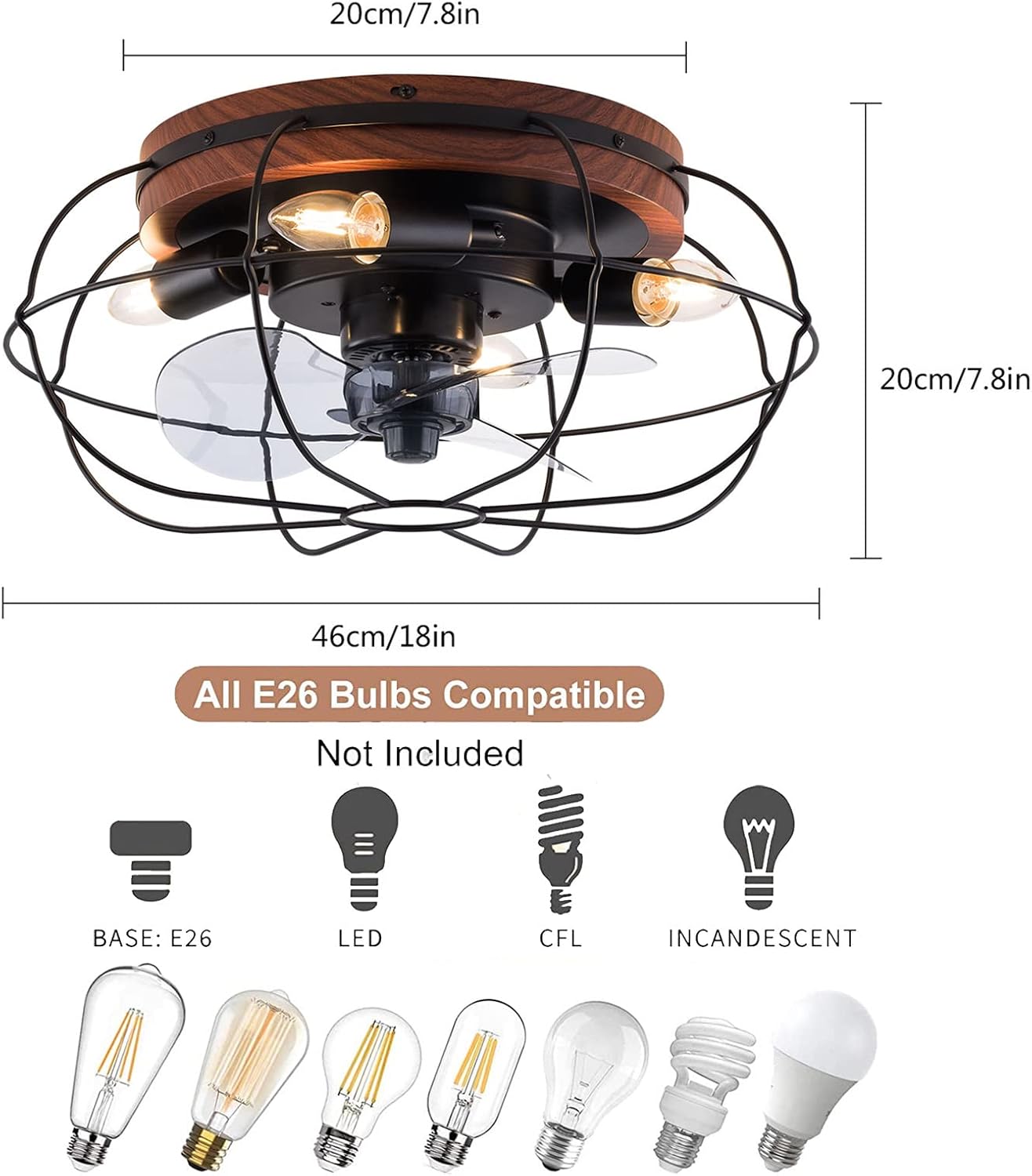 LOYALHEARTDY Black Caged Ceiling Fan with Lights, 18" Remote Control Ceiling Fans Lights with 3-Level Wind Speed and Timer, Farmhouse Low Profile Flush Mount Ceiling Fan for Kitchen Bedroom