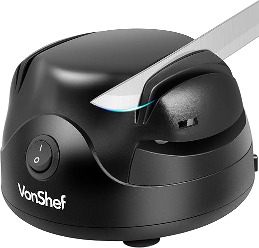 VonShef Electric Knife Sharpener – Scissor Sharpener with Screwdriver Groove, 60W, 2 Grinding Wheels, Auto-Retractable Cord & Non-Slip Feet – Black