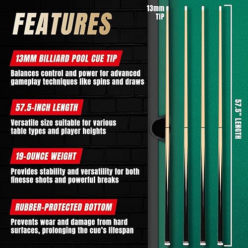 Miniatura 6 de Prosniper Juego de 4 palos de billar prémium  Taco de piscina de arce canadiense de 58 pulgadas, 19 onzas con eje de baja desviación y 4 tizas