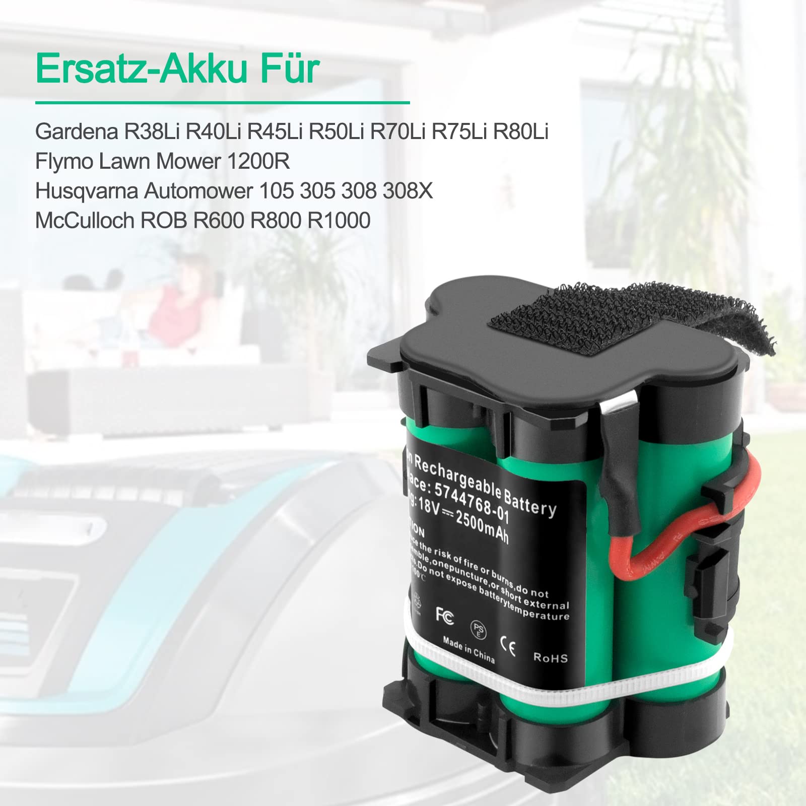 2,5Ah 18V Lithium Akku Kompatibel mit Gardena R38Li R40Li R45Li R50Li R70Li R80Li, für Flymo 1200R, für Husqvarna Automower 105 305 308 308X, für McCulloch ROB R600 R800 R1000