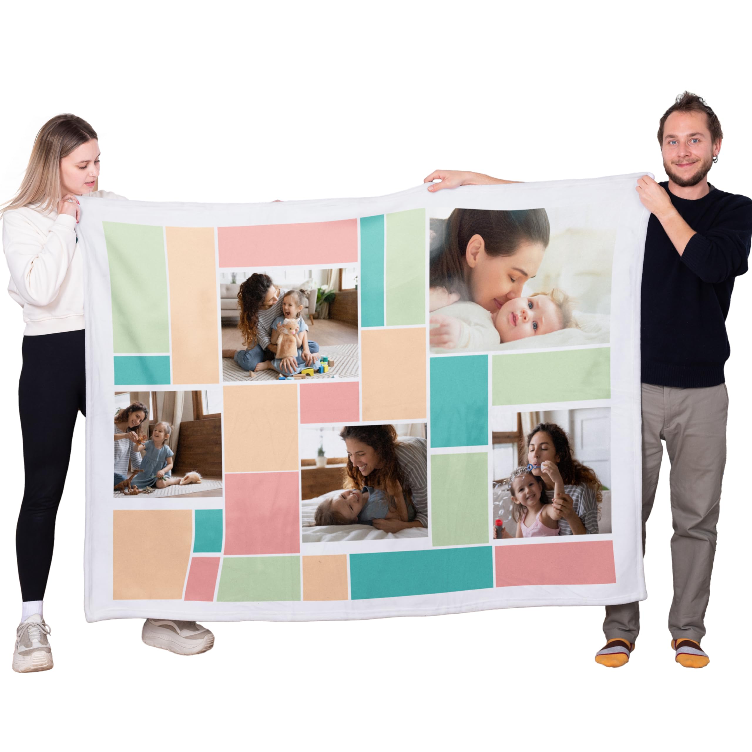 Manta Personalizada con Fotos Collage Pastel 170x130 cm en Material Sherpa o Coralina para Sofá o Cama en Invierno como Regalo Original para el cumpleaños o celebración (Coralina)