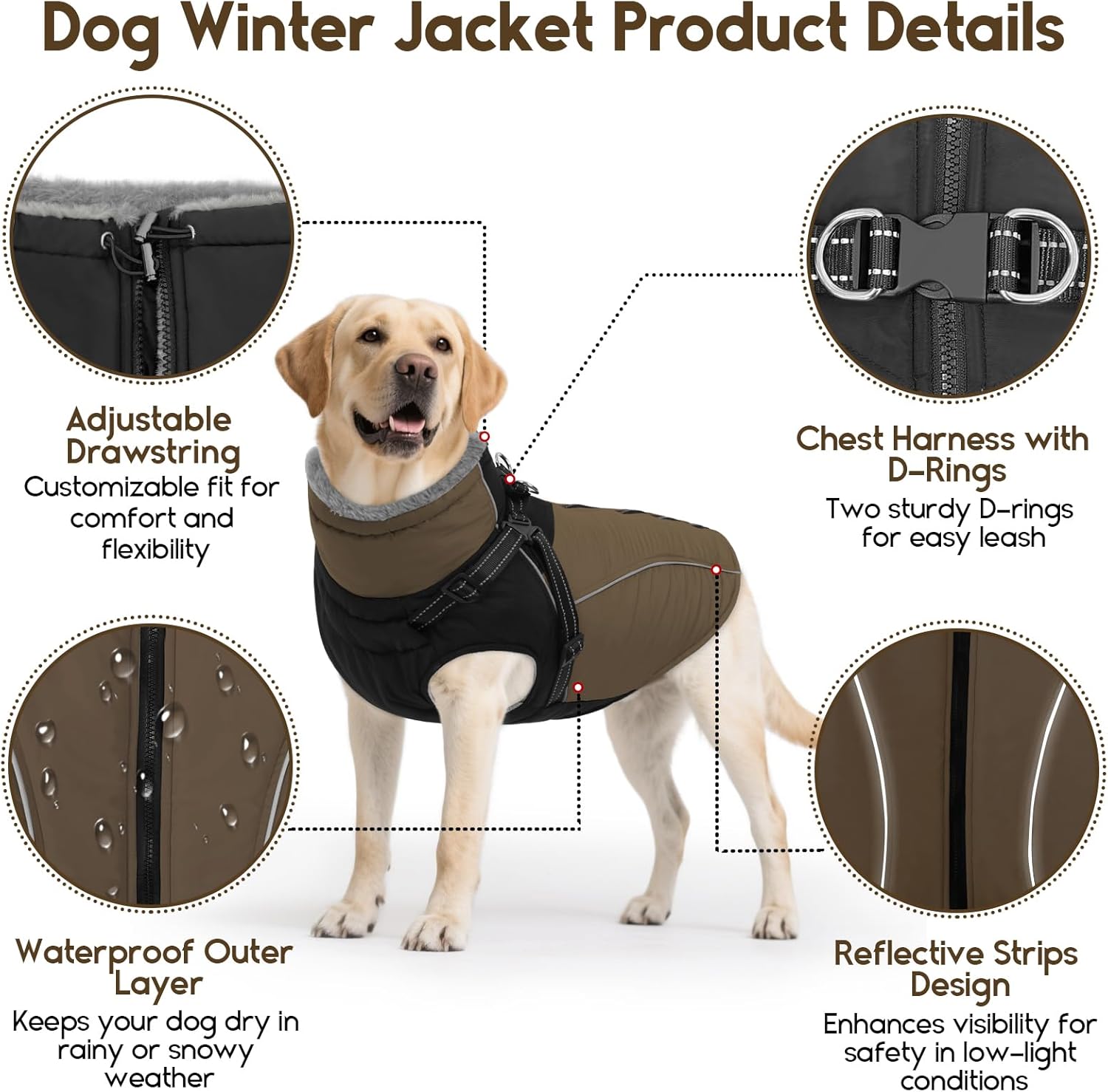 ASENKU Reflective Dog Coat with Built-in Harness, Windproof Fleece-Lined Dog Jacket for Small, Medium, Large Dogs, Warm Winter Vest with Turtleneck & Zipper (Khaki 3XL) - Image 3