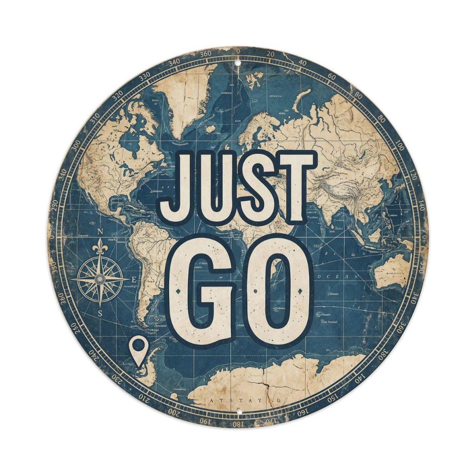 Vintage World Map with Compass Just Go Freebird Metal Tin Sign