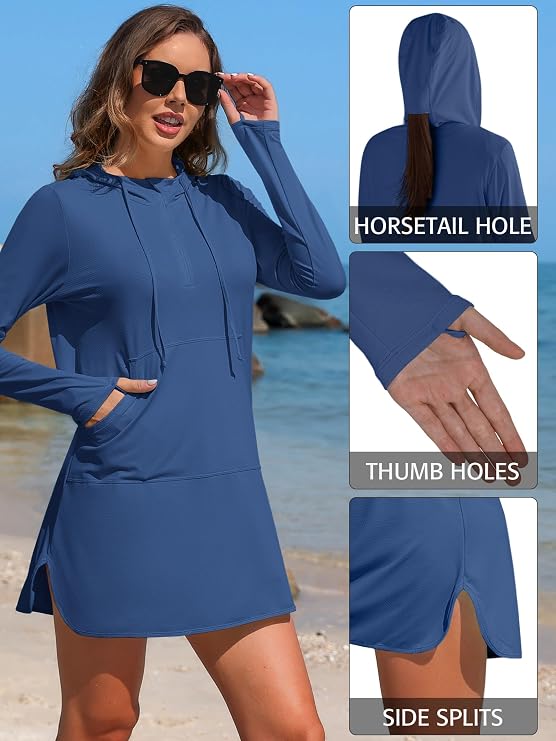 ATTRACO Womens Rash Guard Shirts Hooded Swim Shirts with Pockets Zipper