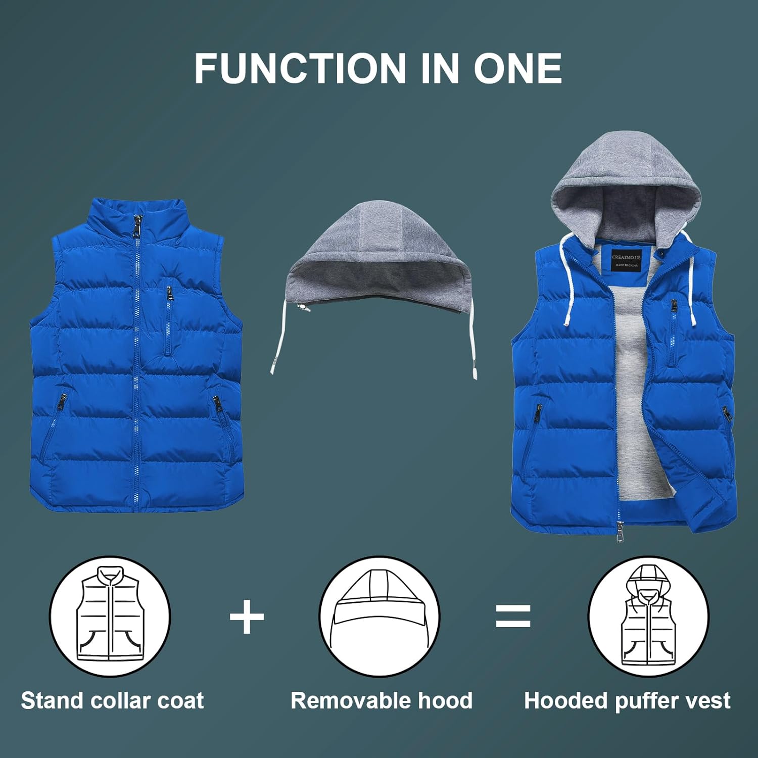CREATMO US Men's Outdoor Winter Vest Outerwear Removable Hooded Padded Puffer Sleeveless Vest - Image 4