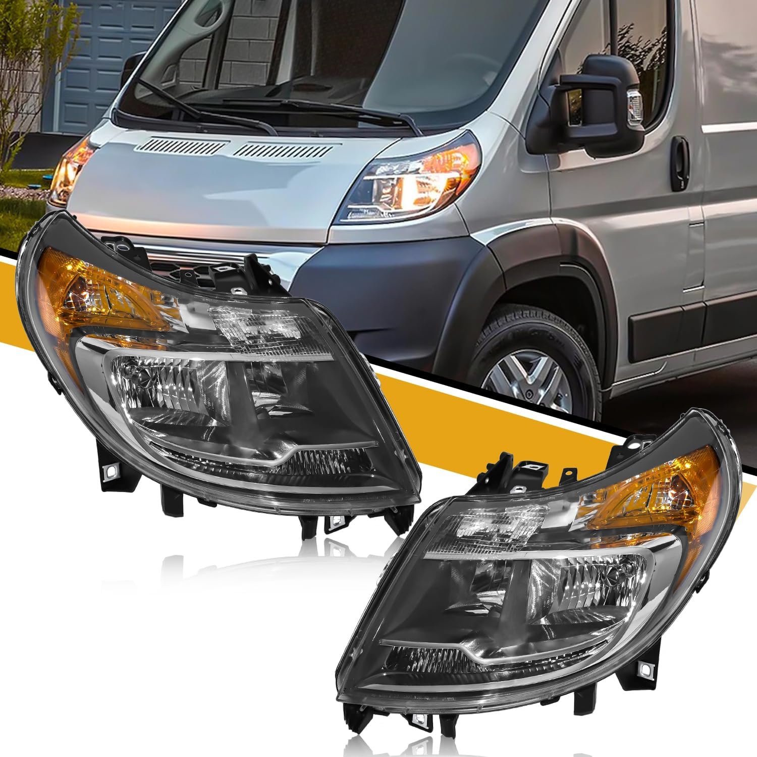 5 Pins Headlight Assembly w/o DRL Compatible with Dodge RAM Promaster 1500 2500 3500 2014-2022 Headlamp, Replacement for 4725944AJ 4725945AJ, Black Housing White Corner
