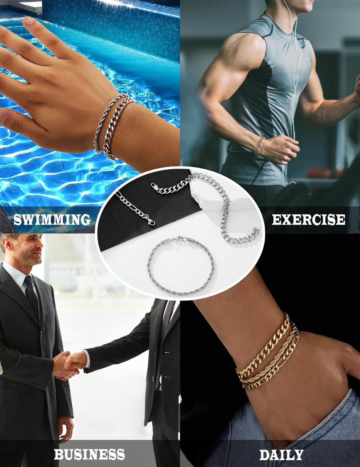 3 PCS Silver Bracelets for Men 925 Sterling Silver/14K Gold Palted Cuban Link Chain Bracelet Figaro Rope Bracelet Set Mens Jewelry Gifts for Dad Husband Boyfriend 7.5/8.2 Inches - Image 6