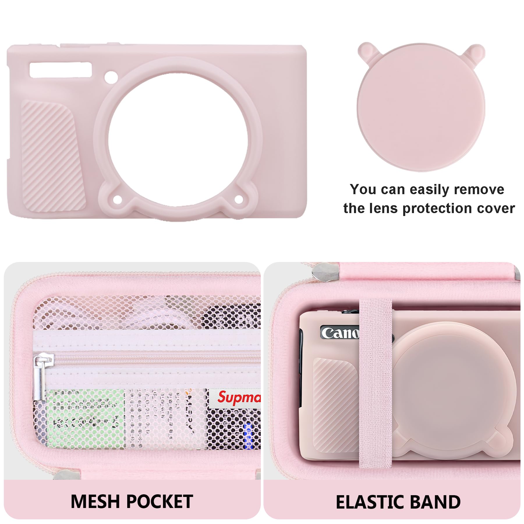 Custodia per fotocamera Canon PowerShot SX740 HS, SX730 HS,custodia rigida*1+custodia morbida in silicone*1,custodia protettiva morbida in silicone con copriobiettivo rimovibile, Rosa gelatina