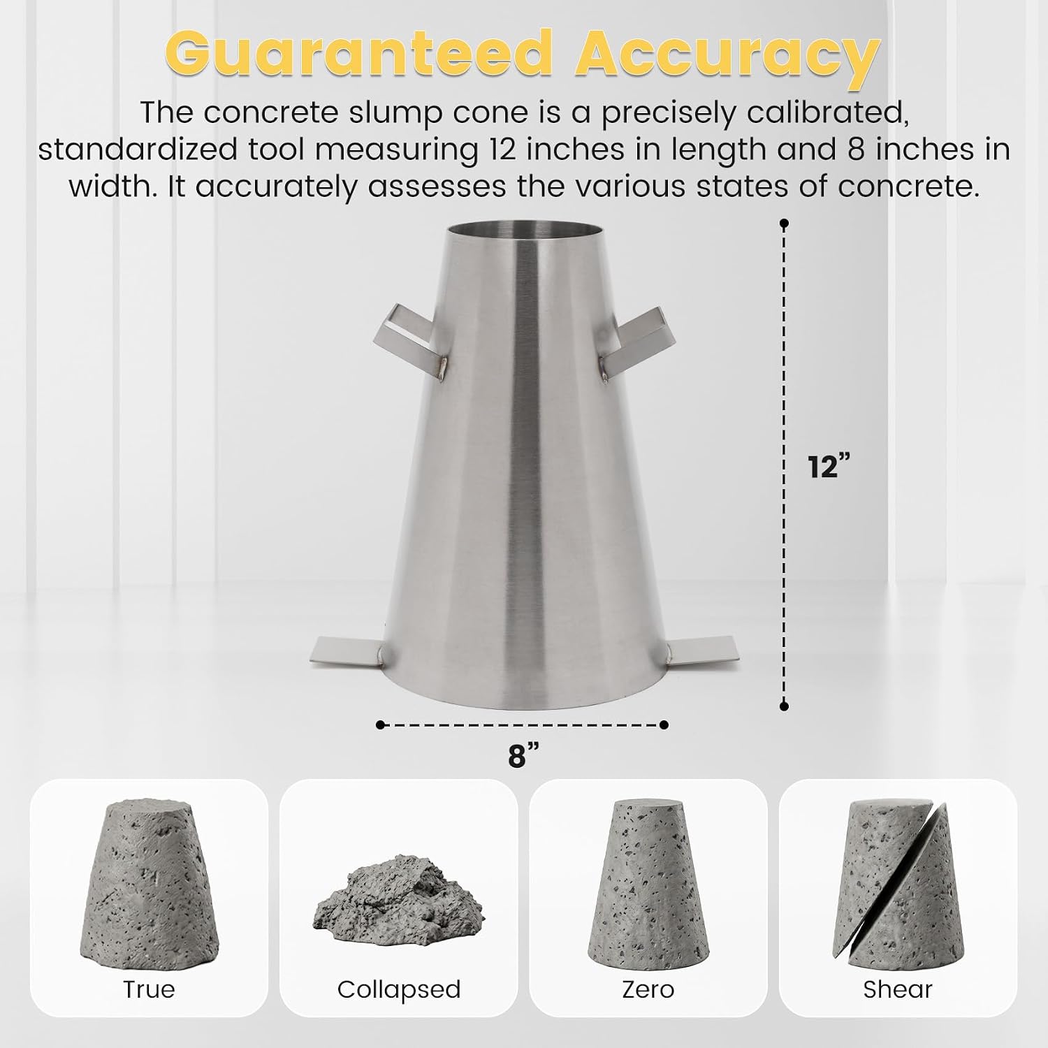 Concrete Slump Cone Test Kit, 12'' x 8'' Standard Size Industrial Heavy-duty Steel Slump Cone with Tamping Rod, Ruler And Hexagonal Base Plate for Concrete Workability Testing