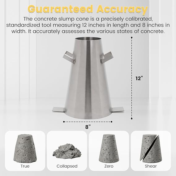 Concrete Slump Cone Test Kit, 12'' x 8'' Standard Size Industrial Heavy-duty Steel Slump Cone with Tamping Rod, Ruler And Hexagonal Base Plate for Concrete Workability Testing