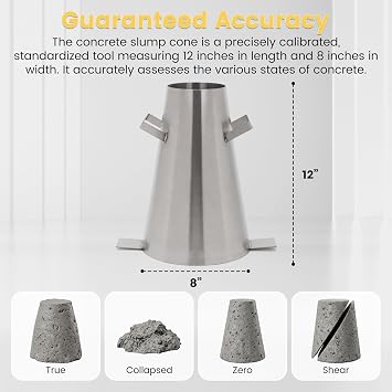 Concrete Slump Cone Test Kit, 12'' x 8'' Standard Size Industrial Heavy-duty Steel Slump Cone with Tamping Rod, Ruler And Hexagonal Base Plate for Concrete Workability Testing