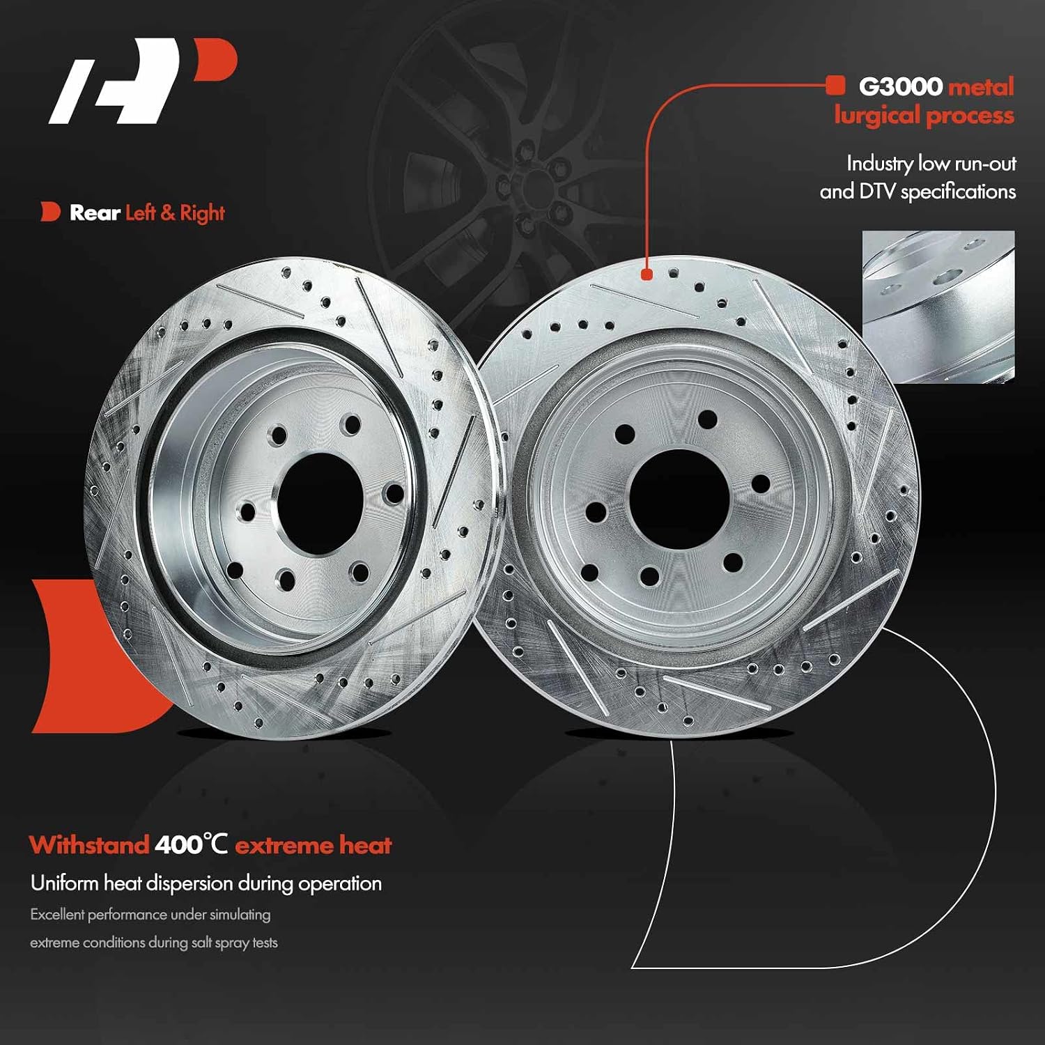 A-Premium 12.1 inch (307mm) Rear Drilled and Slotted Disc Brake Rotors + Ceramic Pads Kit Compatible with Select Nissan Models - Pathfinder 2005 2006 2007 2008 2009 2010 2011 2012, 6-PC Set