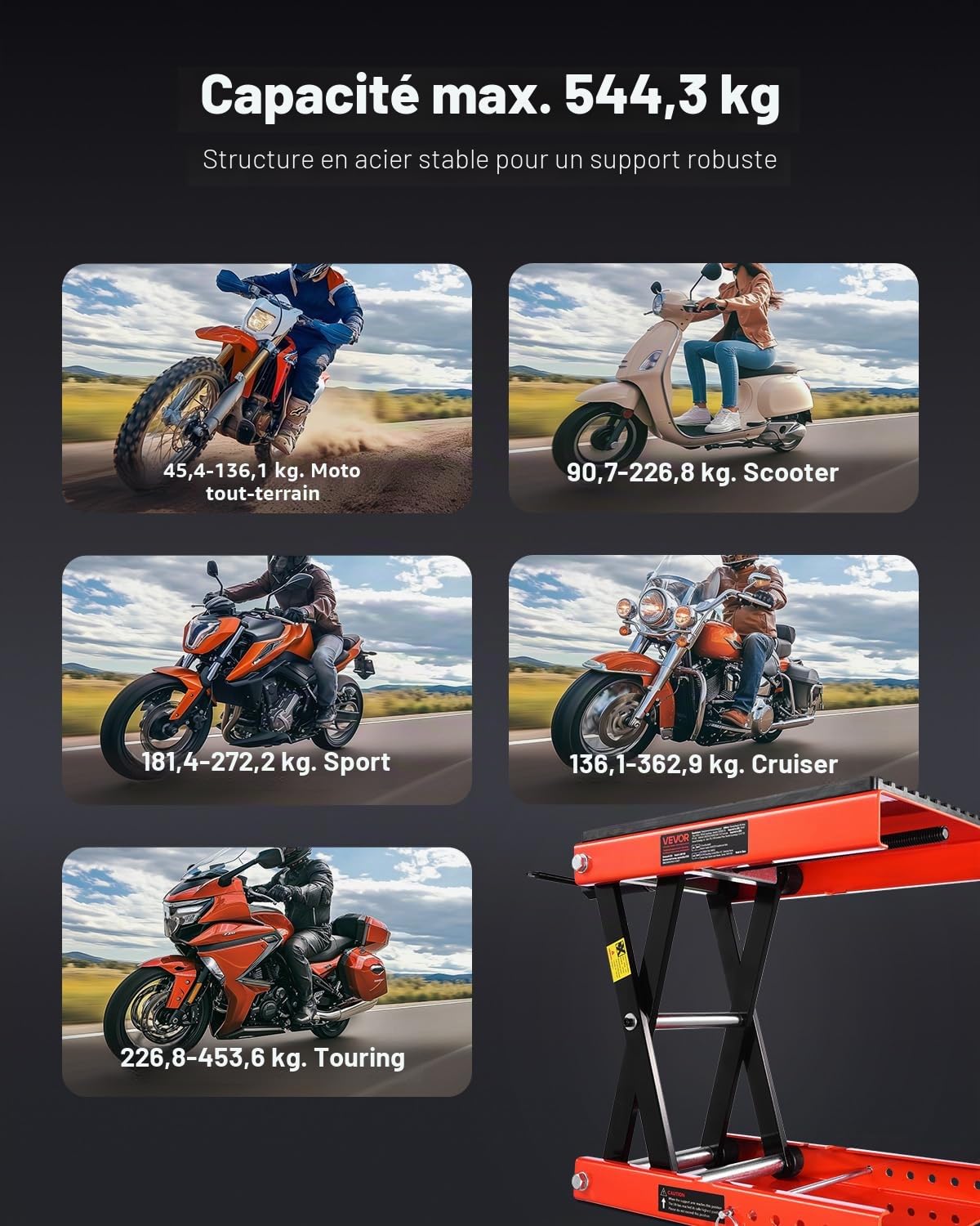 VEVOR Cric de Moto à Ciseaux Capacité de 544 kg, Pont Élévateur avec Large Plateau, Lève-Moto Hauteur de Levage 10,5-38 cm, en Acier Robuste, avec Cliquet et Manivelle, pour Entretien Quad ATV