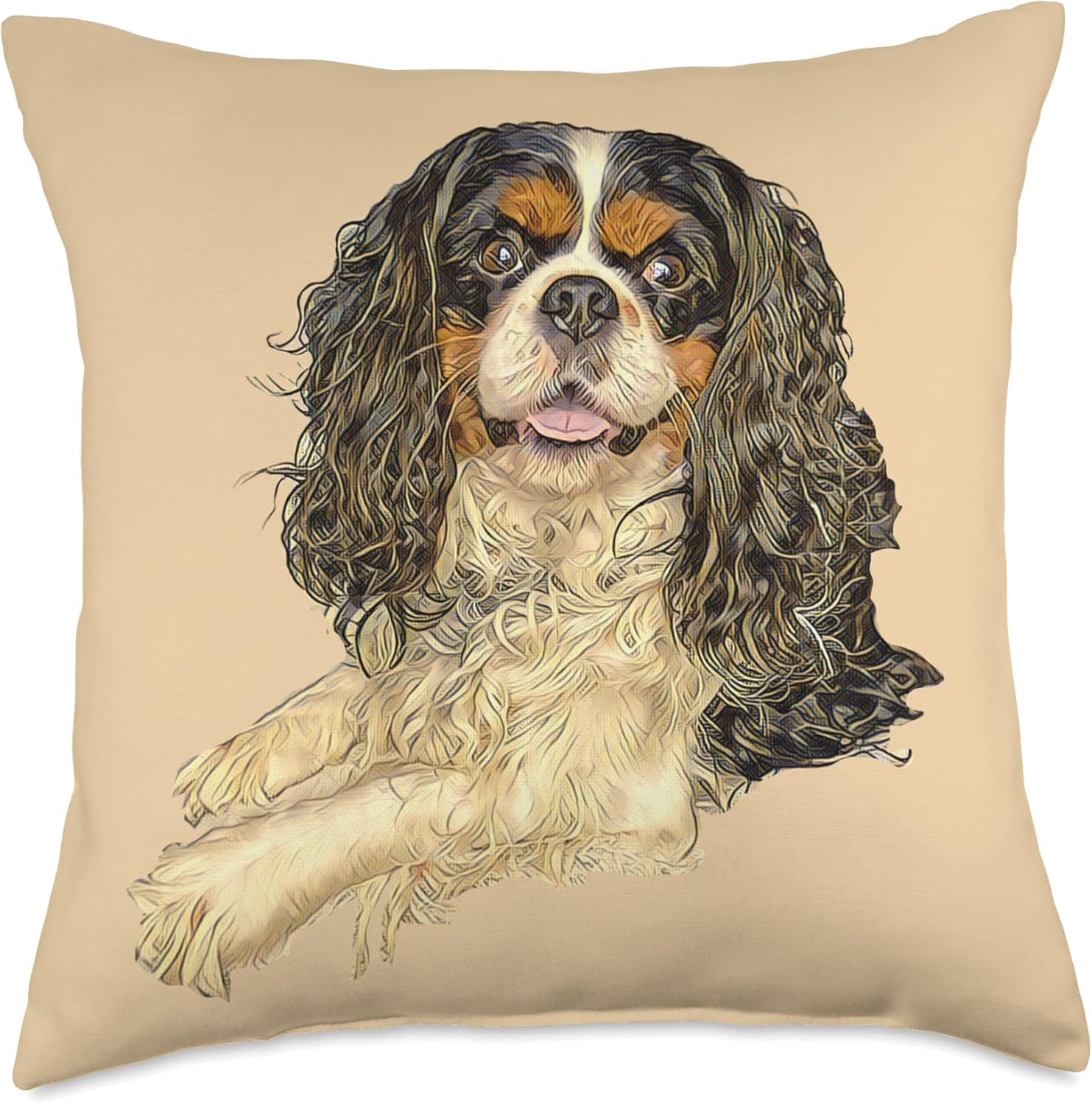 Smiling Cavalier King Charles Spaniel, Tri Color, Dog Art Throw Pillow