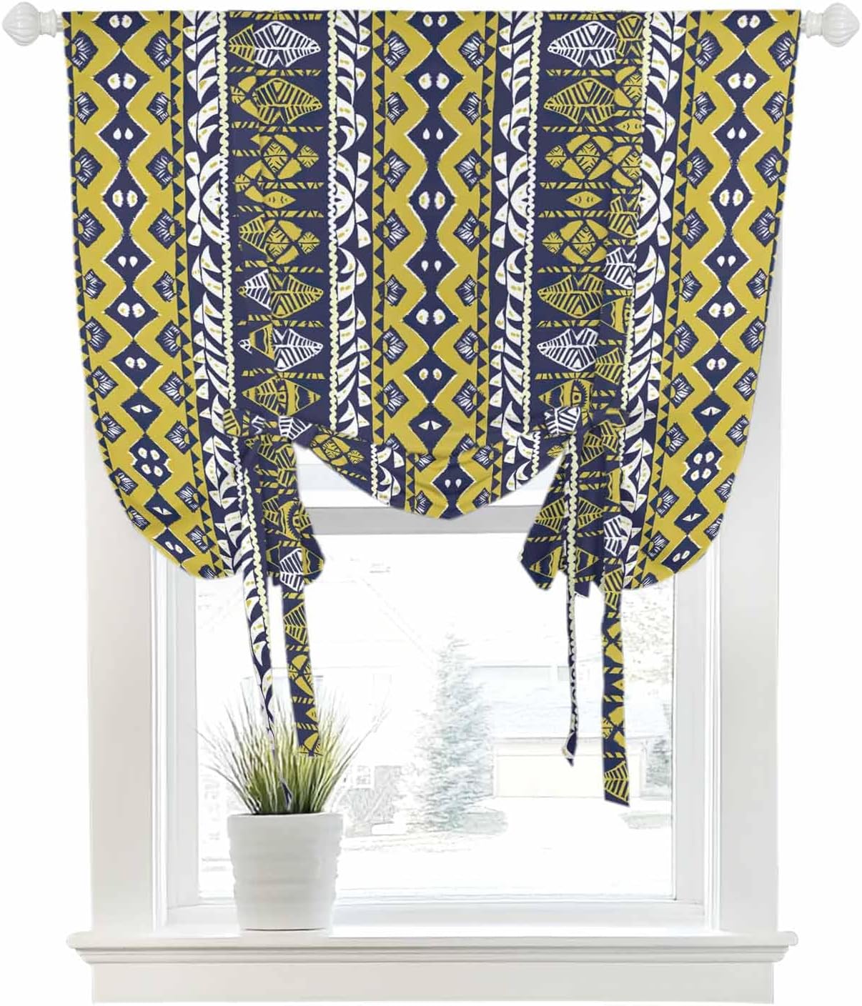 Tie Up Curtain for Windows Ethnic Tribal Style Balloon Window Shades for Bedroom Bathroom Adjustable Rod Pocket Aztec Floral Plant Yellow Window Treatments Curtains Valance for Kitchen 52" W x 63" L