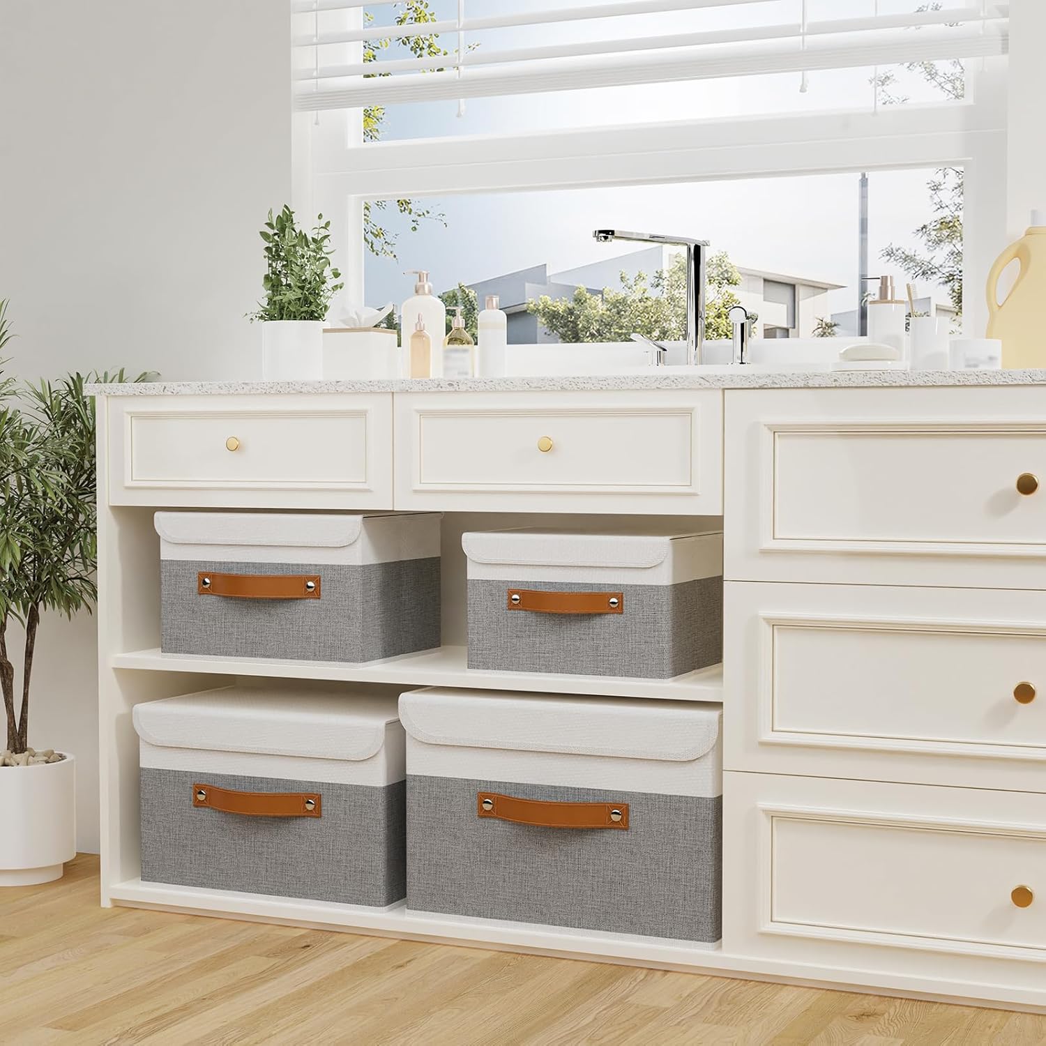 OUTBROS Fabric Storage Bins Cube Organizers with Flip-Top Lid and Handles,Storage Boxes for Organizing Home,Office,and Closet,White/Grey,5 Pack 10.2 x 7.9 x 6.7 in