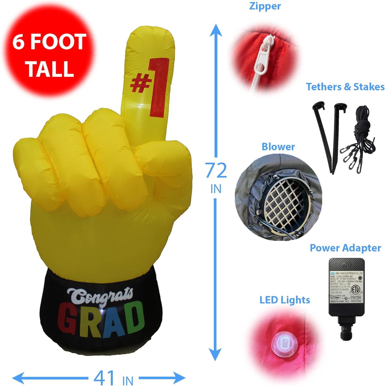 6 Foot Tall Inflatable #1 Graduation Hand Number One Yellow Finger Shape Congrats Pre-Lit LED Lights Blow Up Indoor Outdoor Holiday Yard Garden Lawn Party Lighted Decoration Photo Booth Prop