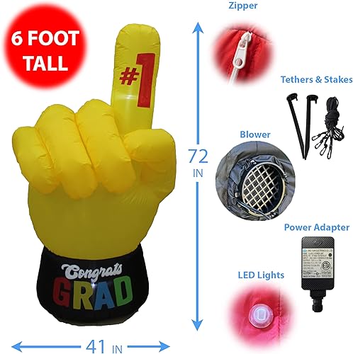 Miniatura 7 de Paquete de dos decoraciones de fiesta de graduación, incluye un oso de peluche marrón inflable de 4 pies de alto con gorra y gafas de bata, y mano