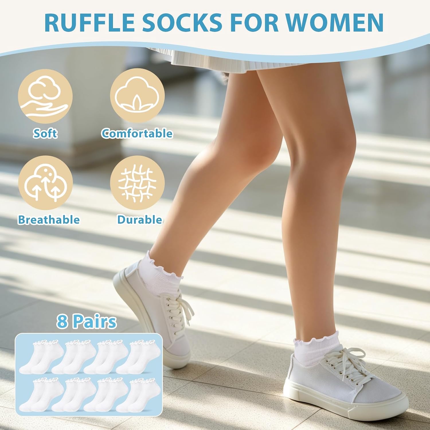 Women's No Show Socks, 8 Pairs Ruffle Ankle Socks Cute Cotton Low Cut Sock Non Slip Frilly Breathable Sock
