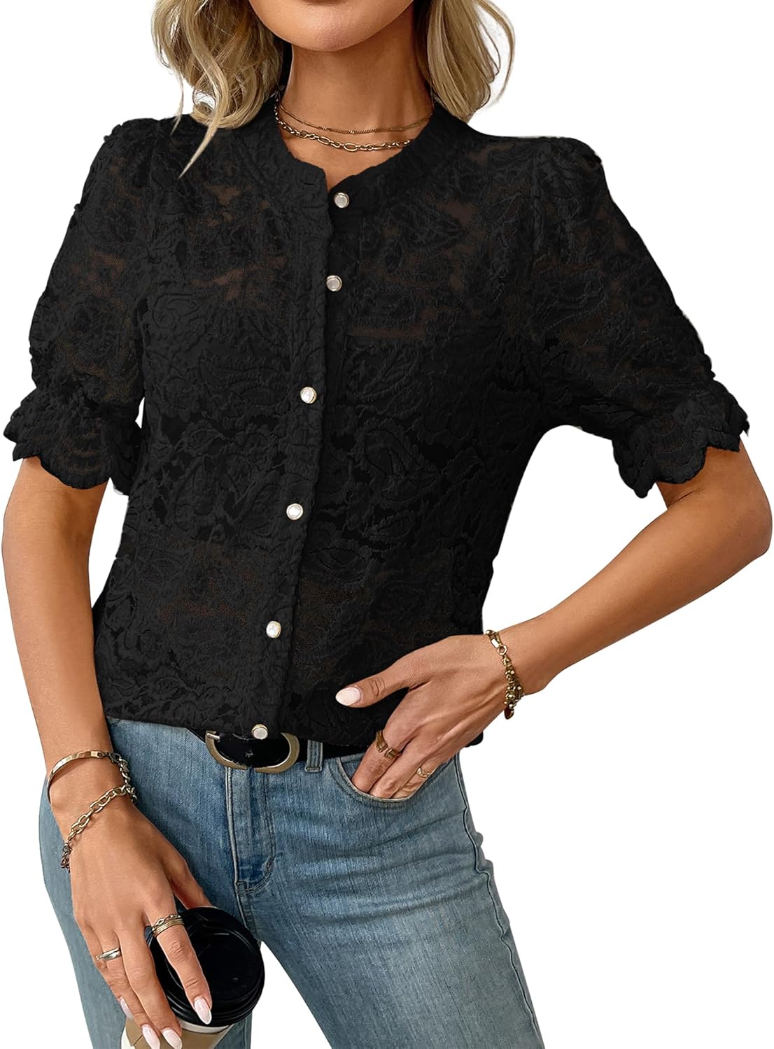FEOYA Lace Blouses for Women Sheer Lace Short Sleeve Top Crew Neck Button Down Shirts Casual Puff Sleeve Dressy Shirt S-XL