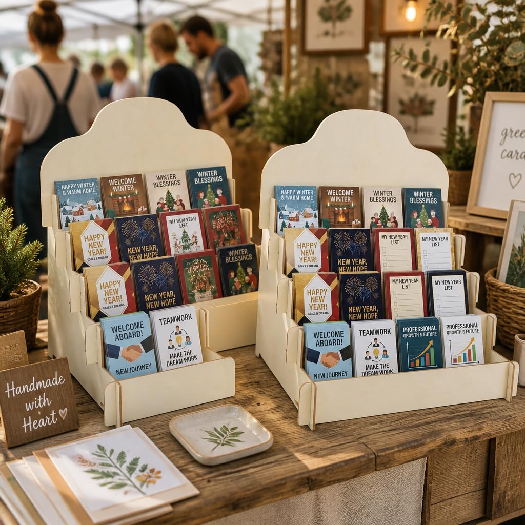 2 Pack 4-Tier Greeting Card Display Stand, Wooden Card Rack Display Stand for Postcards Stickers Photos Jewelry Small Products, Portable Wood Greeting Card Holder for Vendor Booths Craft Fairs