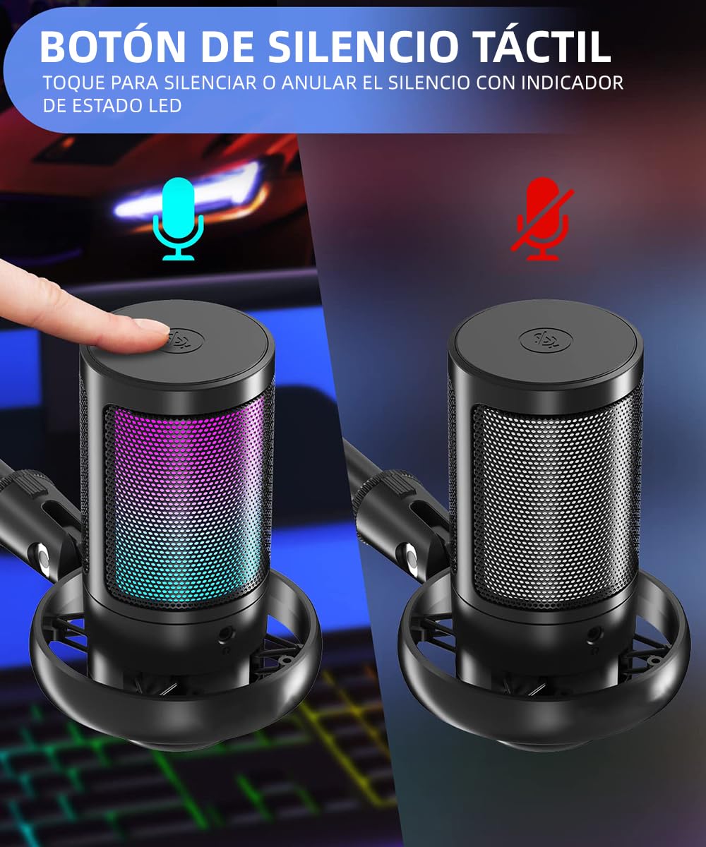 Microfono da gioco TAIMEI, microfono RGB per PC con cancellazione del rumore e silenzio, per streaming, giochi, podcast, YouTube, TikTok, computer, cellulare