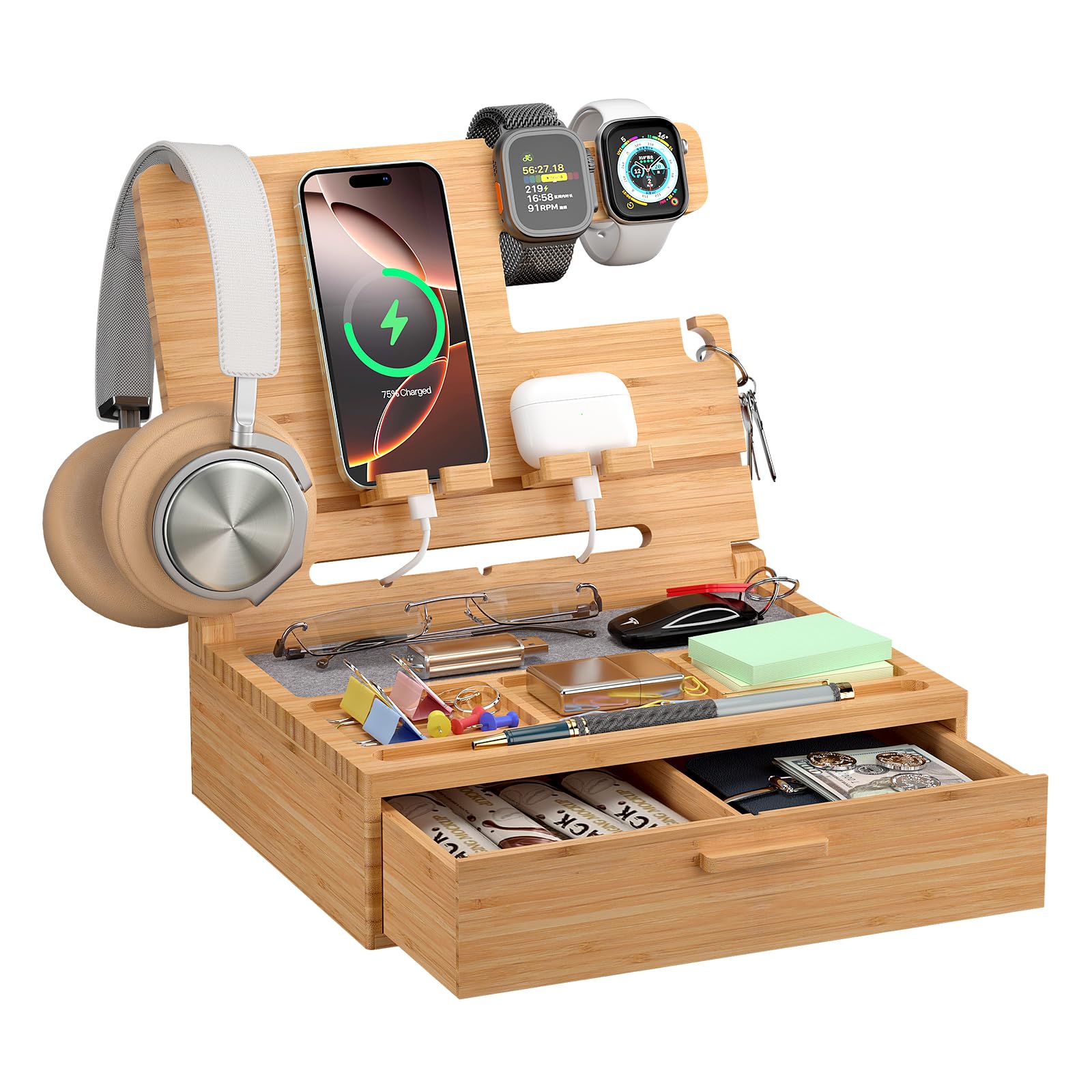 Pezin & Hulin Wooden Bedside Tablet Organizer, Ideal Gifts for Men, Desktop Bamboo Phone Docking Station Box, with Large Drawer, Multi-Device Charging Stand, for Birthday Son Boyfriend Him -Natural