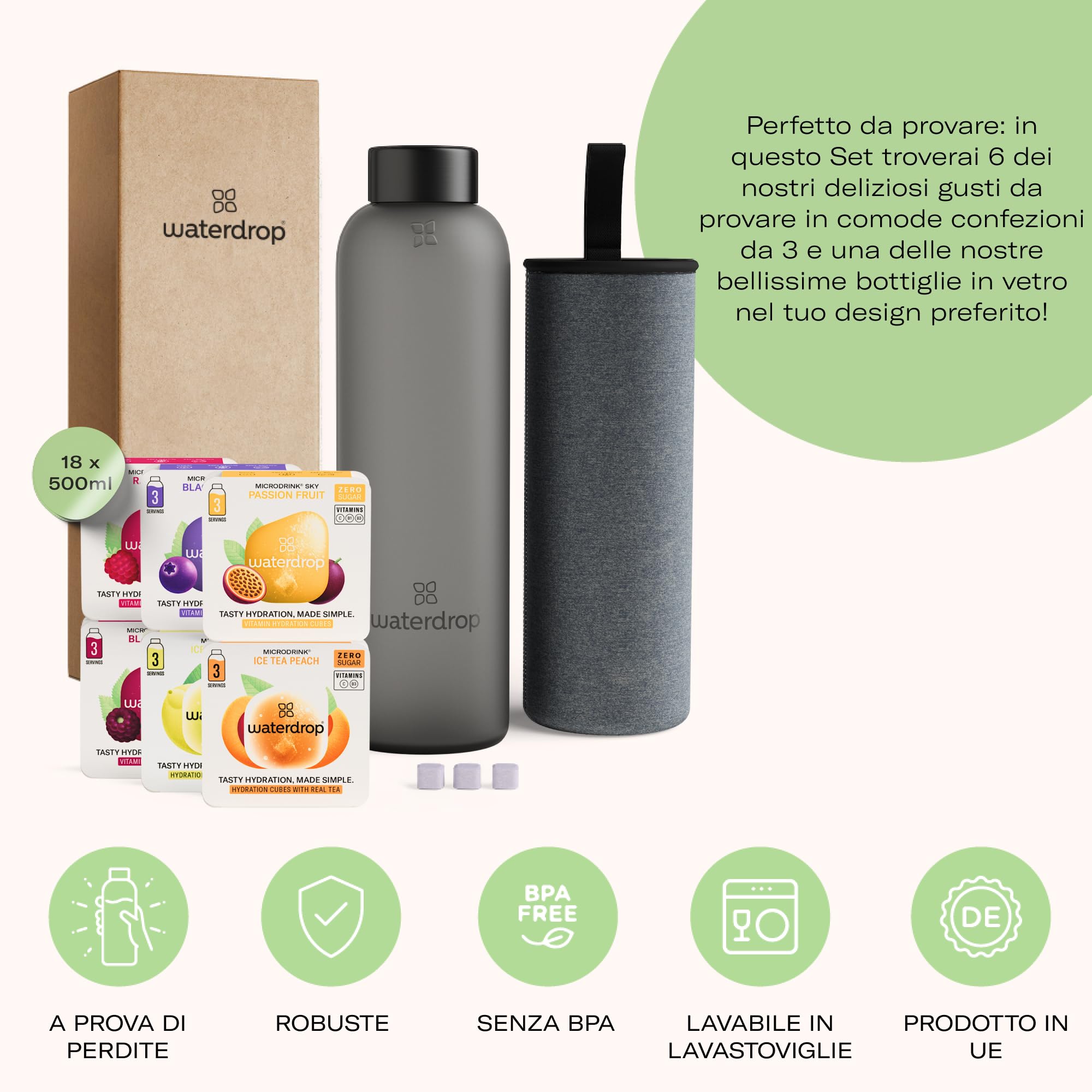 waterdrop® Set Scoperta, Borraccia in Vetro 600ml + 18 cubetti per acqua, Set Confezione Regalo per Donna e Uomo, Degustazione: 6 gusti aromatizzanti, 0 zucchero, Bottiglia per acqua
