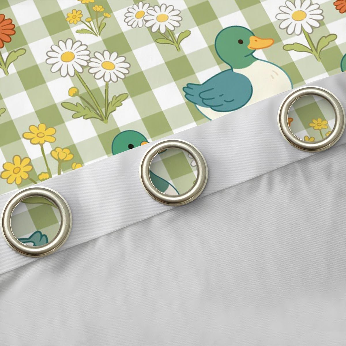 Castle Fairy Cute Ducks Blackout Curtains Yellow Orange White Daisy Flower Window Drapes,Green Plaid Print Window Treatments,Kids Boys Girls Room Decor,Grommet Top 2 Panel Set Curtains, 52Wx84L inch