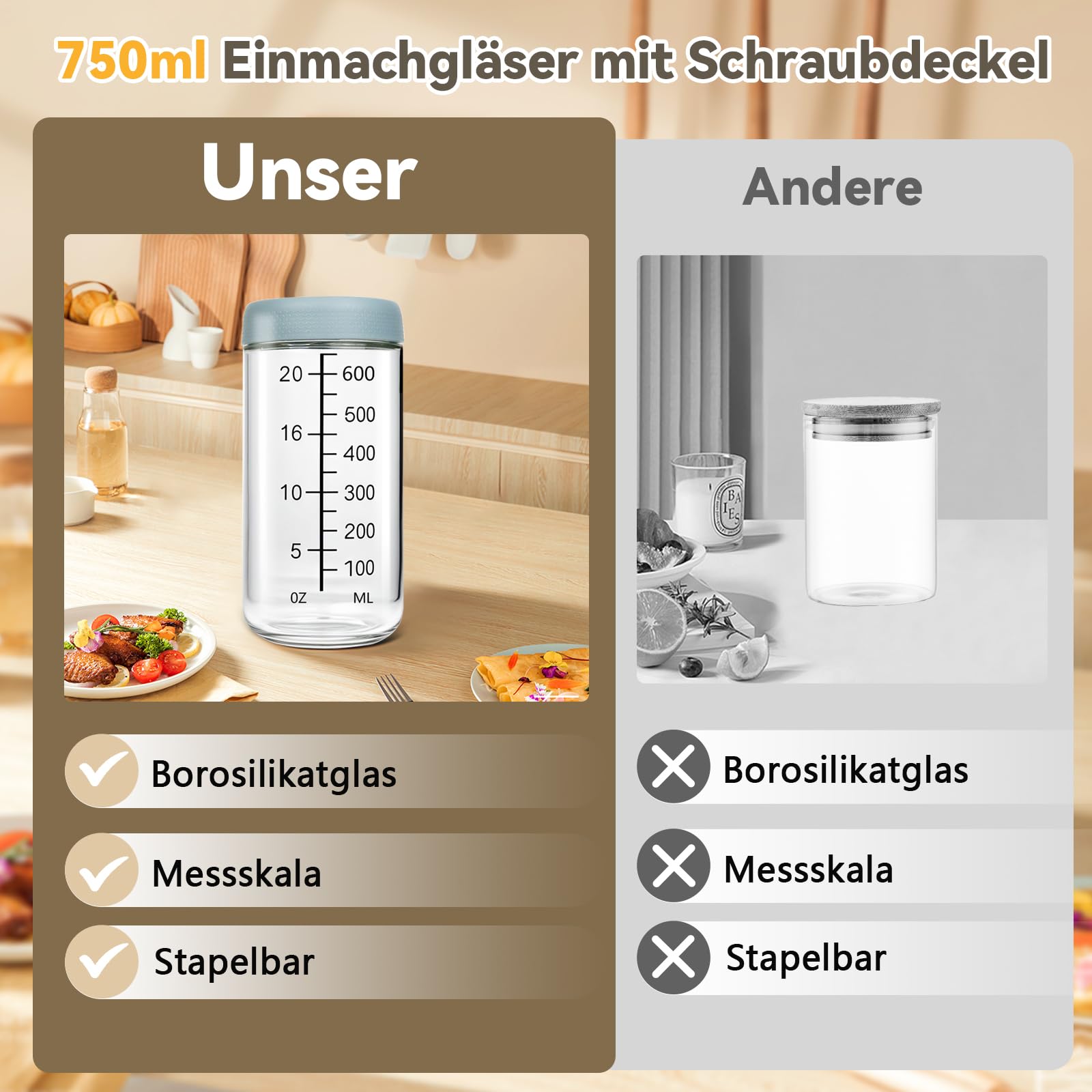 TOHADRILL 6 stuks inmaakpotten, 750 ml 500 ml, meal prep-potten met lepel, overnight havermoutpotten met reinigingsborstel, voorraadpotten met deksel, voor overnight havermouts, salade, yoghurt, pap