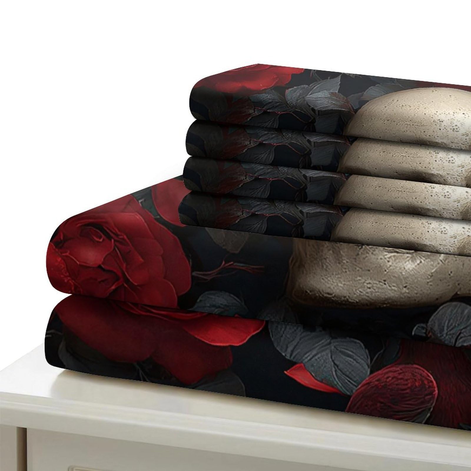 Rose skulls Ensemble De Literie Résistante Microfibre résistante 3 Pièces 3D Effet Gothic floral design Linge de Lit avec Taie d'oreiller Hypoallergique for Chambre de garçons King（220x240cm）