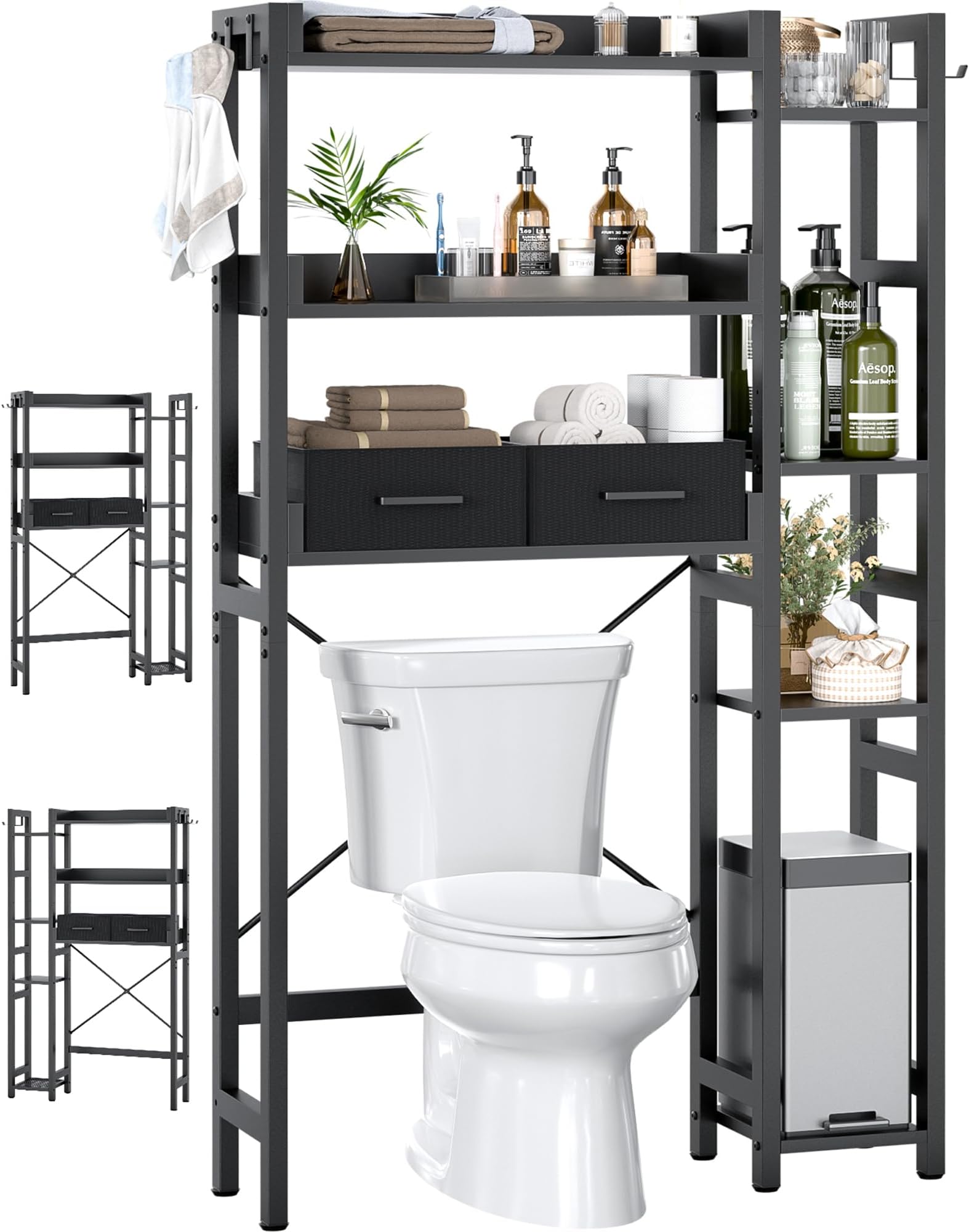 Besiost Over The Toilet Storage with 2 Drawers - 7 Tier Bathroom Organizer with Adjustable Shelf, Freestanding Space Saver Storage Rack Above Toilet Stand with 4 Hooks for Restroom, Laundry, Black