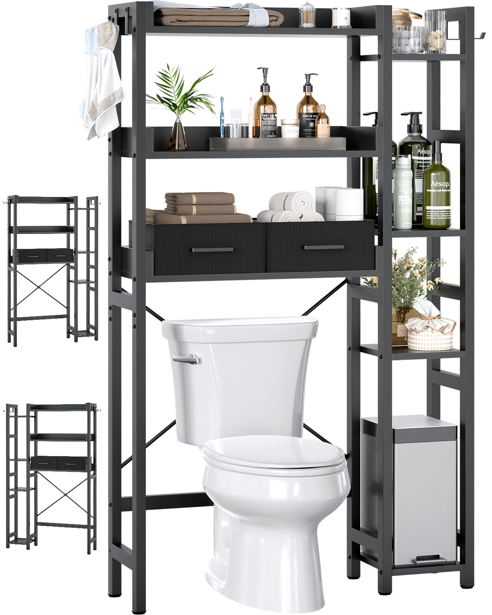 Over The Toilet Storage with 2 Drawers - 7 Tier Bathroom Organizer with Adjustable Shelf, Freestanding Space Saver Storage Rack Above Toilet Stand with 4 Hooks for Restroom, Laundry, Black