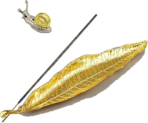 Miniatura 1 de AMASSIVEROCK Soporte de incienso para quemador de incienso de hojas y caracoles, soporte de varillas de incienso dorado para mostradores, soportes