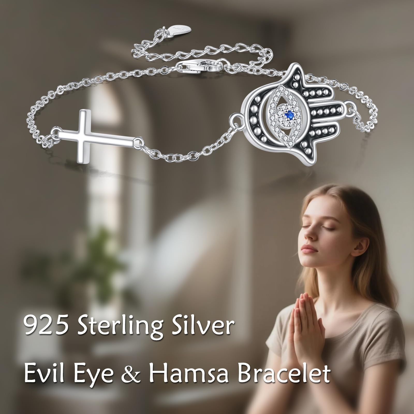 DAYLINLOVE Pulsera de ojo malvado de plata de ley 925 con enlace de hamsa, pulsera azul con ojos malvados, regalo para mujeres, niñas, madres