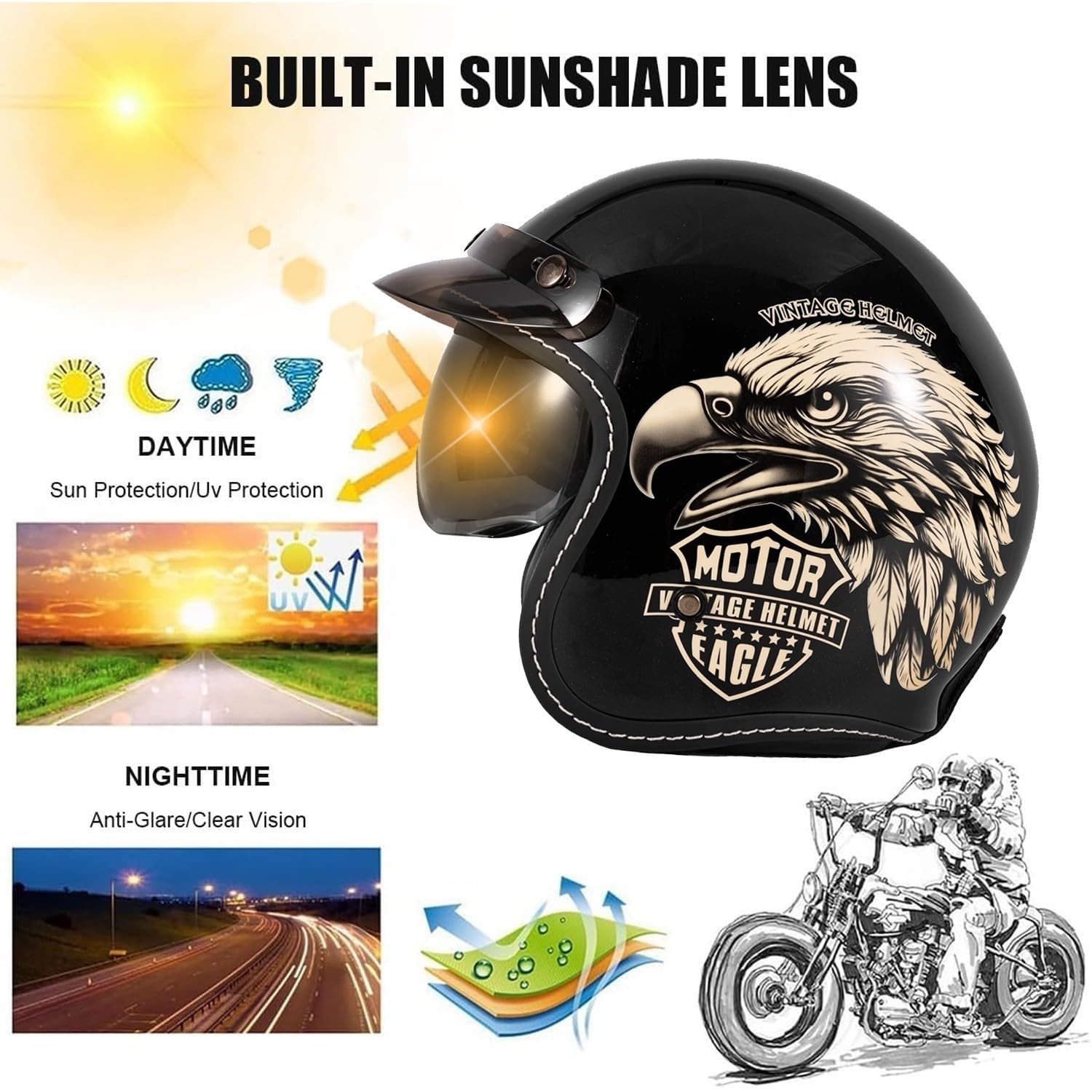 Casque Jet Moto Vintage Homologué ECEDOT Casque Moto Jet Ouvert Rétro pour Adultes Homme Et Femme Casques Mobylette 3/4 Demi Casques Vélo Scooter Chopper avec Visière