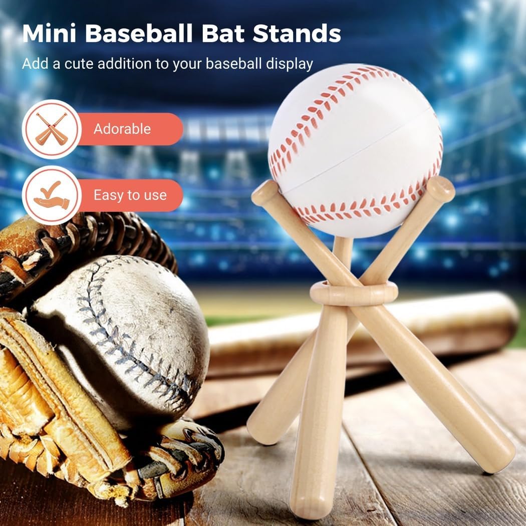 4 Pack Mini Wooden Bat Display Stands With 12 Mini Baseball Bats & 4 Rings, Cute Softball Bat Holders For Home Run & Game Balls