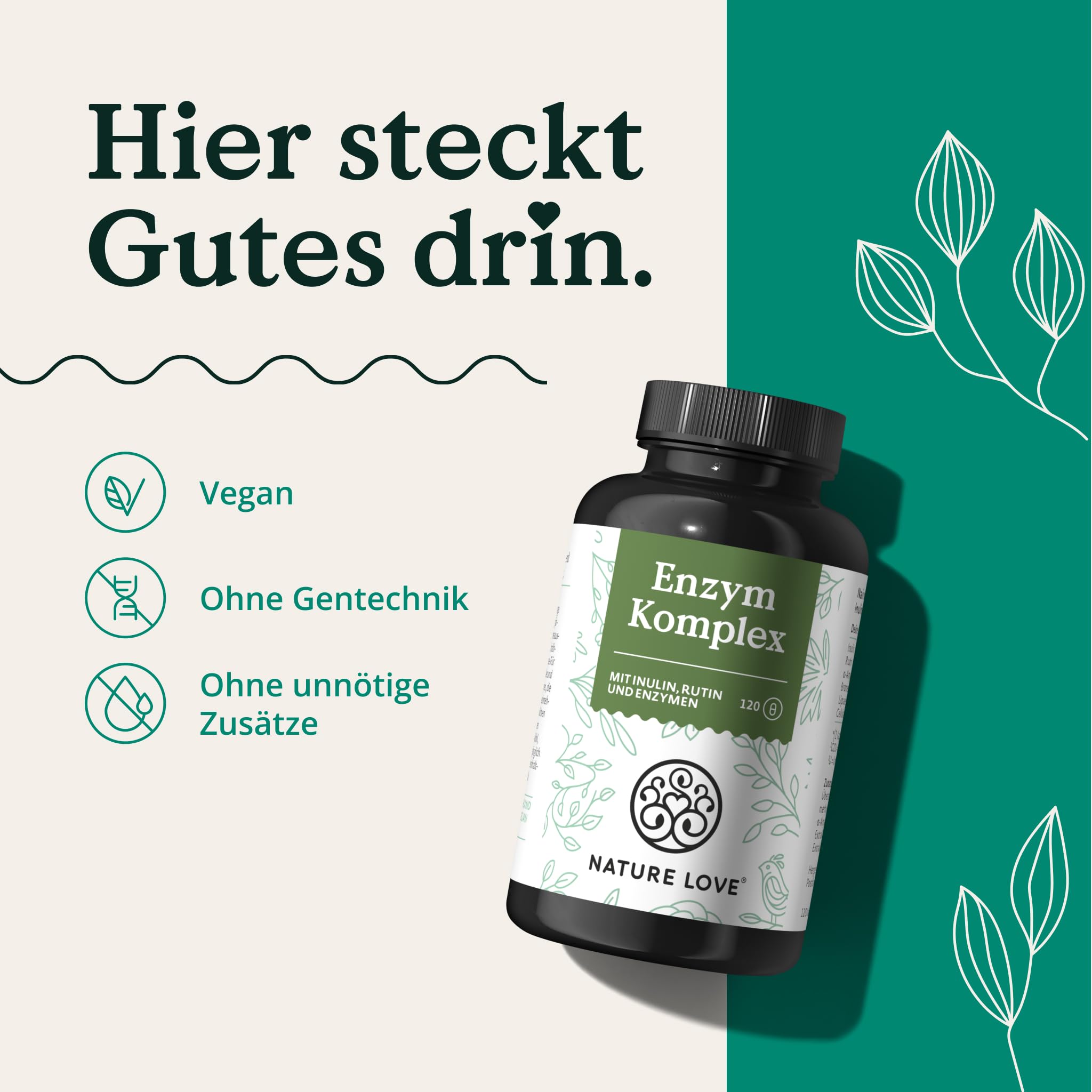 NATURE LOVE® Enzym Komplex - 120 Kapseln - inkl. Lipase & α-Amylase | mit Bromelain, Rutin, Cellulase und Inulin - Verdauungsenzyme (Digestive Enzyme) im 4 Monatsvorrat - vegan, laborgeprüft