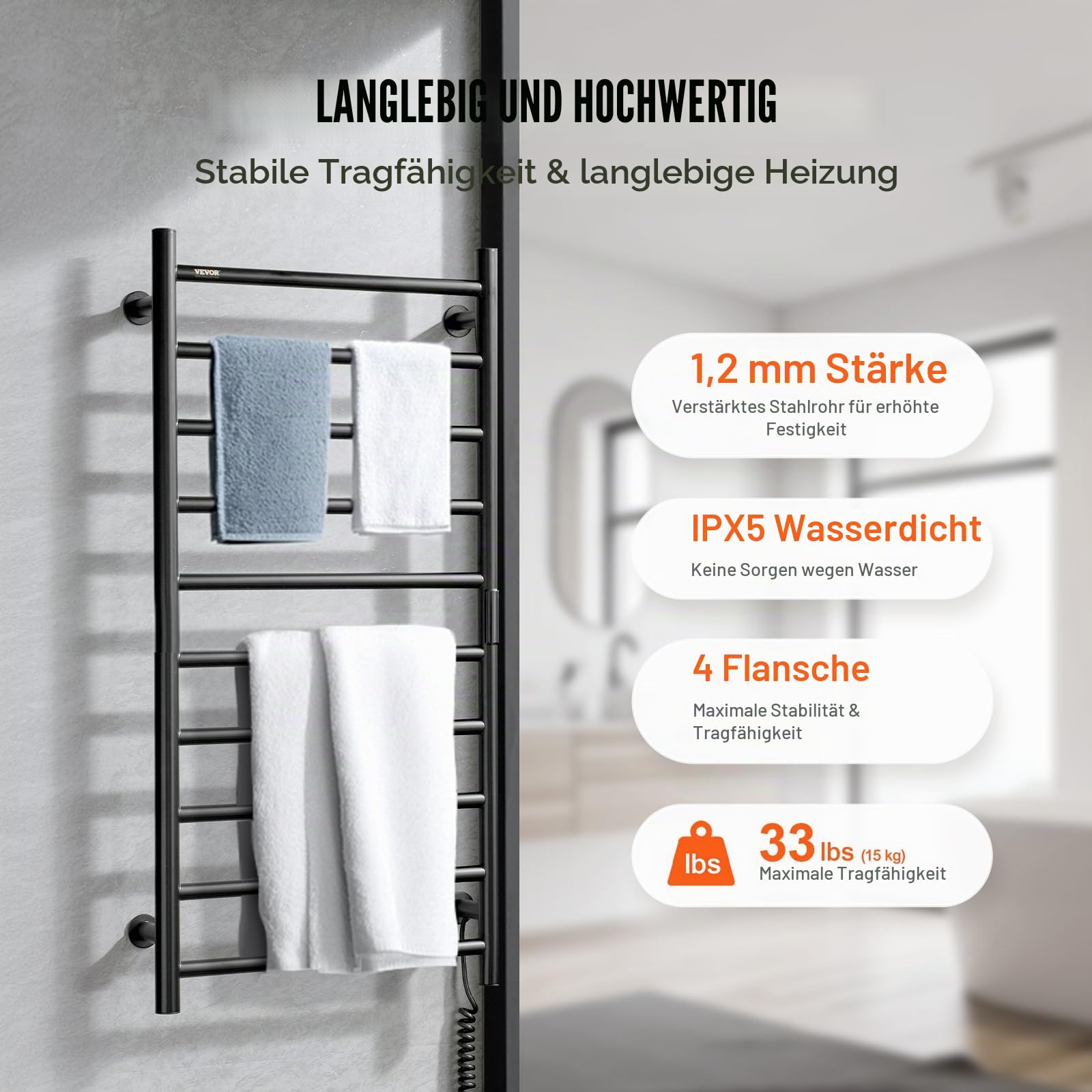 VEVOR Handtuchtrockner Heizkörper Handtuchwärmer, beheizter Handtuchhalter mit 10 Stangen, wasserdichter Handtuchwärmer mit Timer und LED-Anzeige, 5 einstellbare Temperaturstufen, Wandmontage, Schwarz