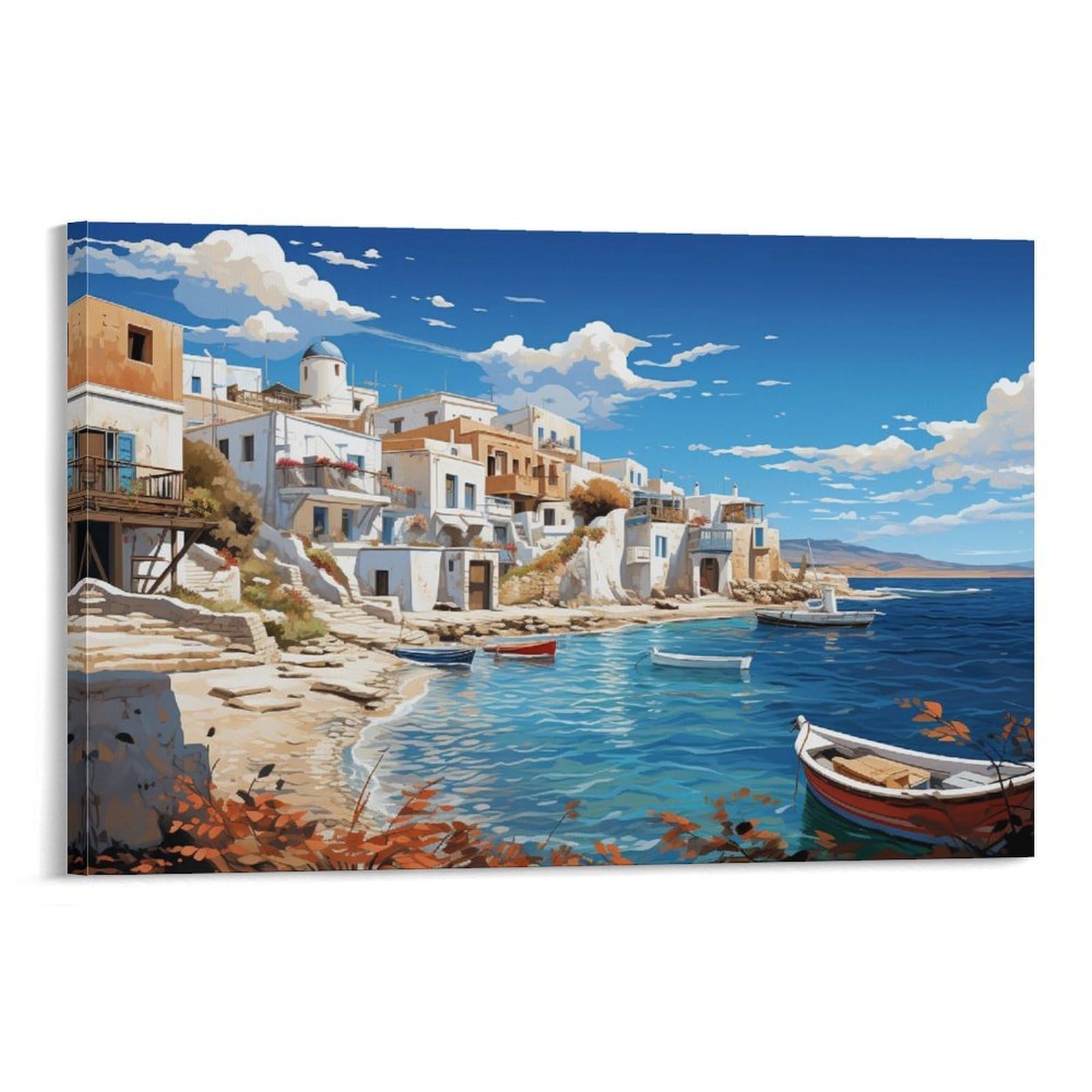 CPLVKWRQJ Coastal City Individual Greek Coastal Village Painting Canvas Print - Office Wall Art Fade Resistant Statement Piece Ready to Hang 12x18inch(30x45cm)