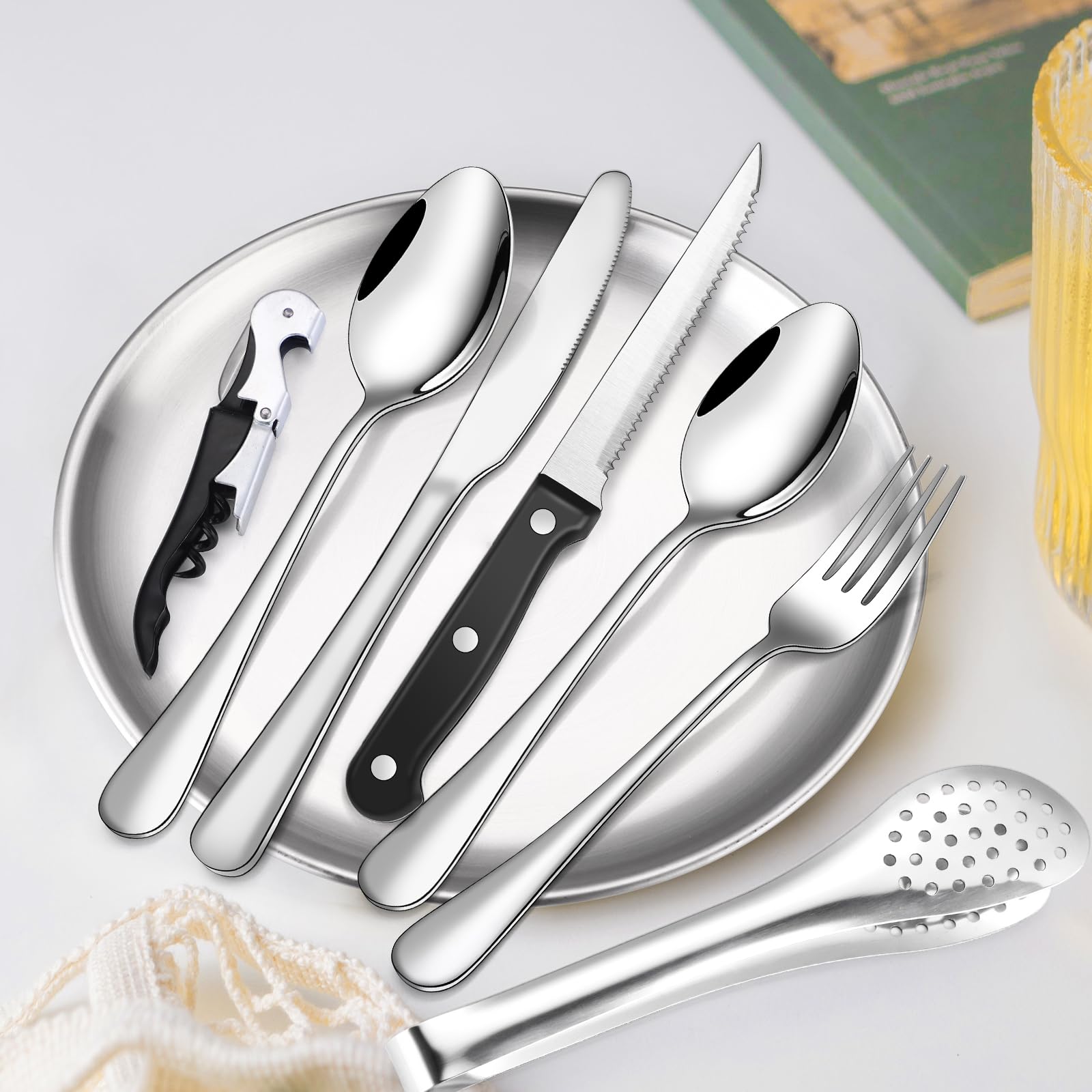 Camping-Besteck-Set, Besteck-Organizer, Utensilien, Picknick-Set, 24-teiliges Set für 4 Personen, Edelstahl-Teller, Löffel, Clip und Steakmesser, Weinöffner, Gabel, Serviette, Wandern – Campingküche,