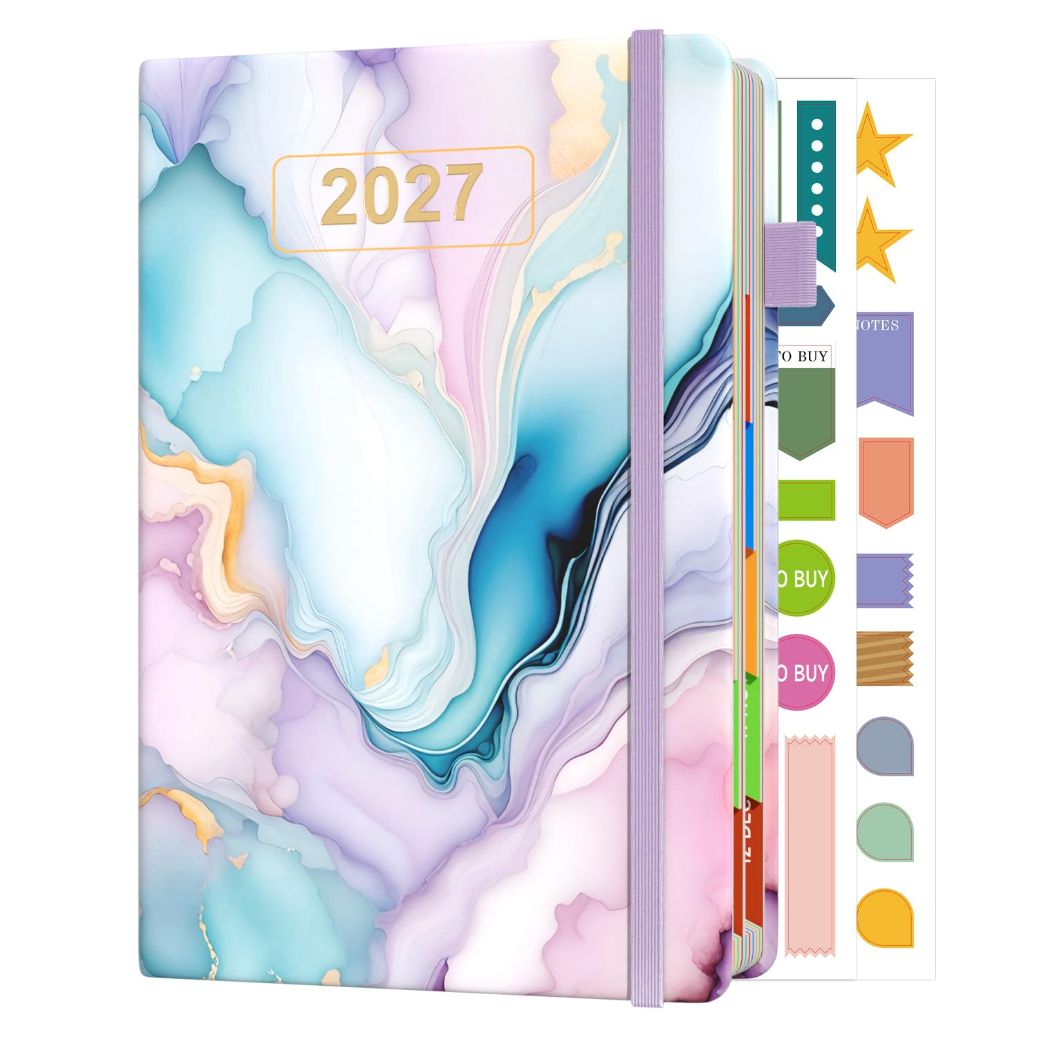 Sailingvan 2027 Diary A5 Page a Day January-December 2027, Faux Leather Agenda Monthly View Daily Planner with Colorful Tabs, Productivity Stickers, Elastic Strap, Pen Loop & Pocket (8.5'' x 5.9'')