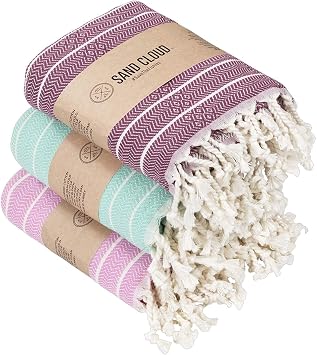 Sand Cloud Turkish Towel - Fast Drying -100% Certified Organic Turkish Cotton Yarn - Great for Beach Bath or as a Blanket - As Seen on Shark Tank - The Gocek Mixed - 3 Pack - Warm Colors