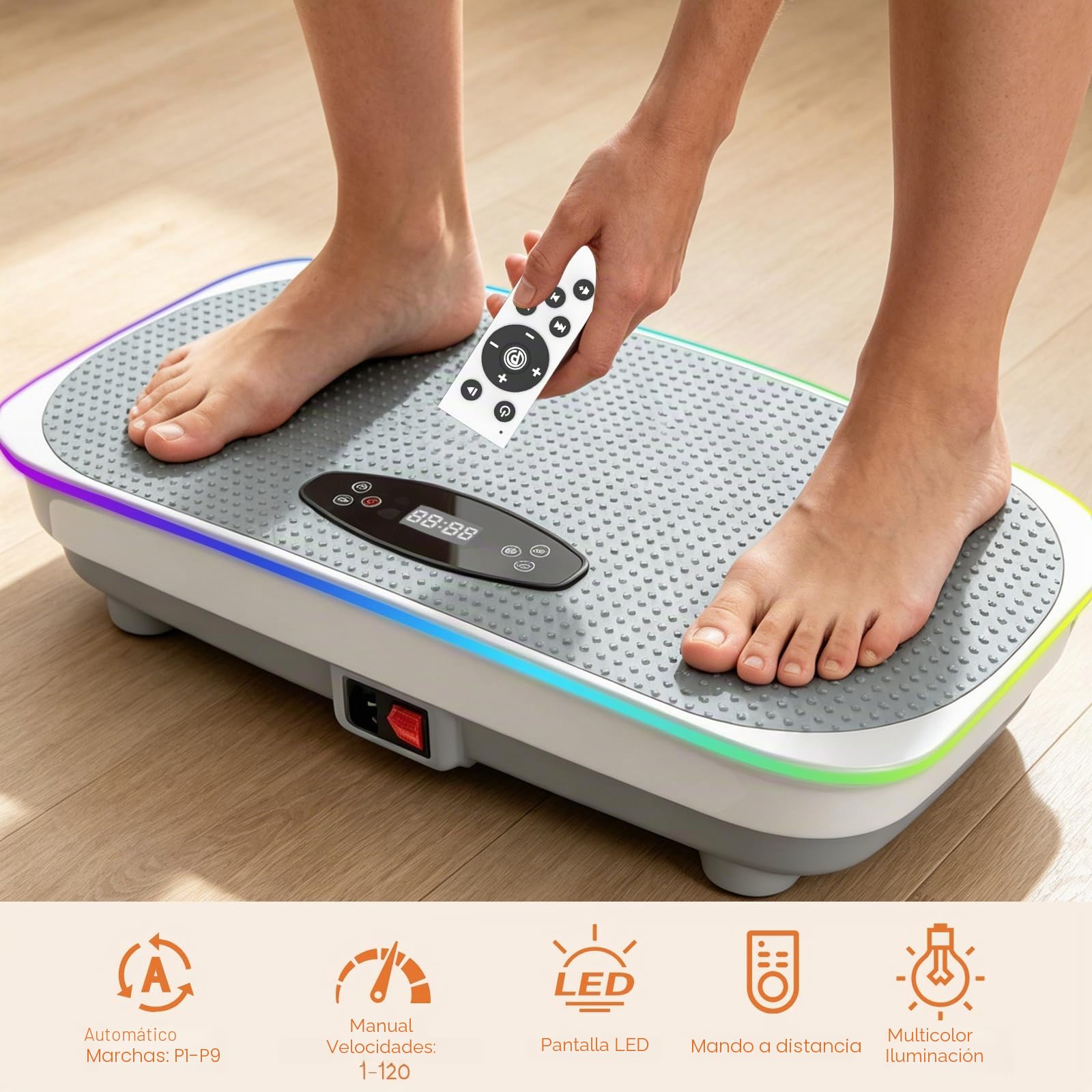 Plataforma Vibratoria, 120 Velocidades Plataforma Vibración Muscular para Musculación y Moldeado, Luces Frescas, hasta 350 LBS, Bluetooth y Mando a Distancia, 4 Bandas de Resistencia