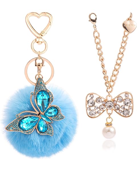 2 Pack Cute Keychains for Women: Rhinestone Butterfly Pom Pom & Bow Bag Charms - Pu...