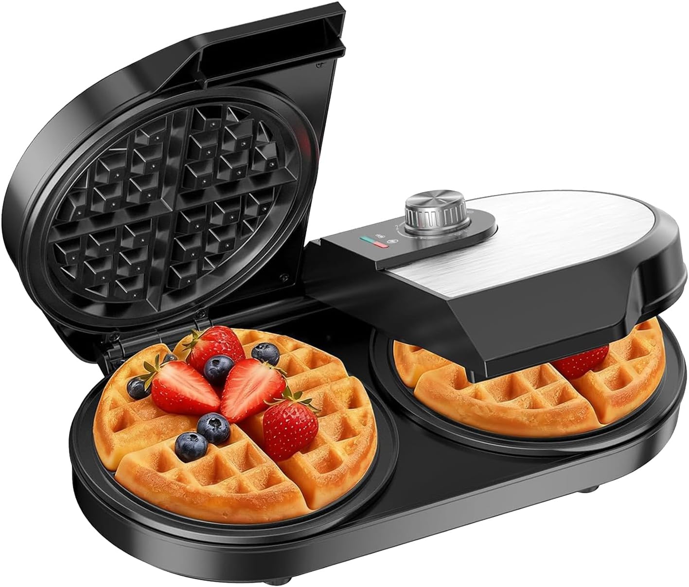 Double Waffle Maker, 6.5" Belgian Waffle Maker with 2 Independent Adjustable Temp Knobs, 1200W Waffle Iron with Nonstick Plates for Breakfast and Snacks, Easy to Clean, Stainless Steel, Black