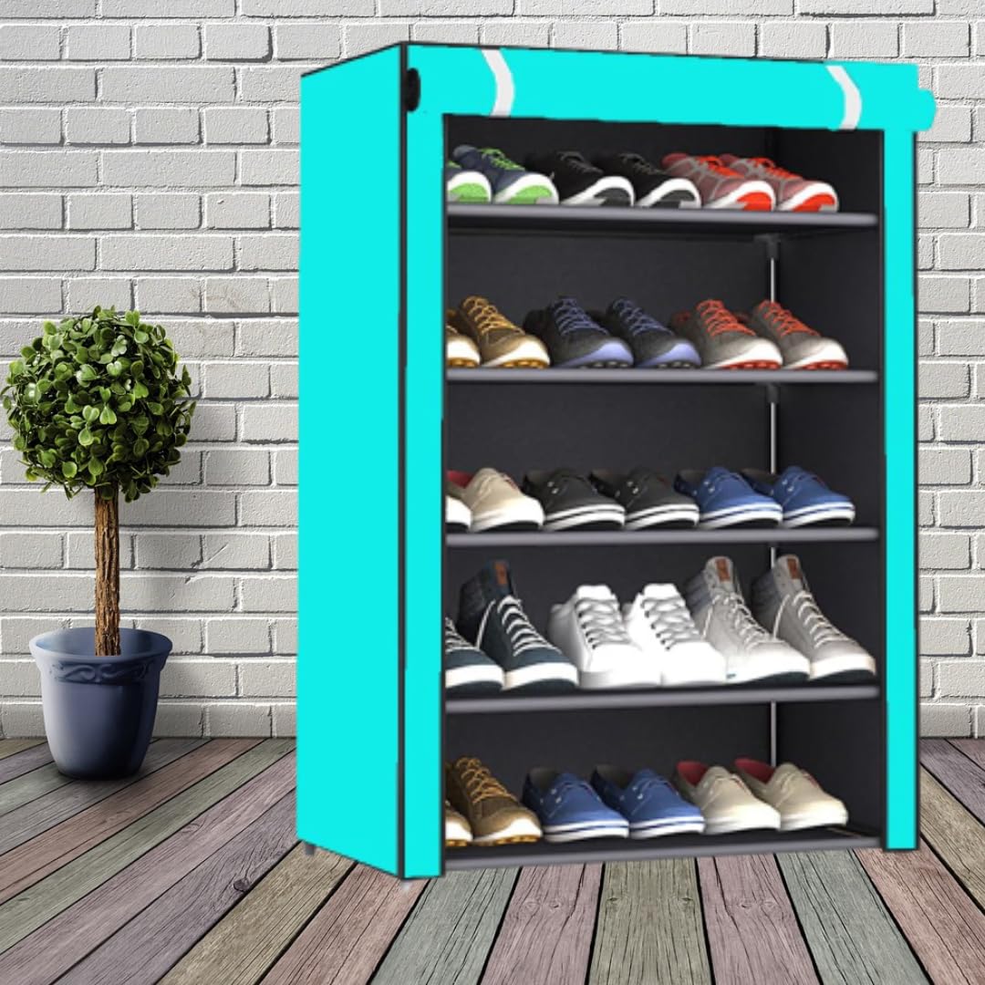 DEMARK Presenting Multipurpose Collapsible iron Pipe Shoe Rack Wardrobe 5 Layer with Cover Waterproof Dust Resistance For Home (Firozi) (B0CJMNPH2C) Amazon Price History, Amazon Price Tracker
