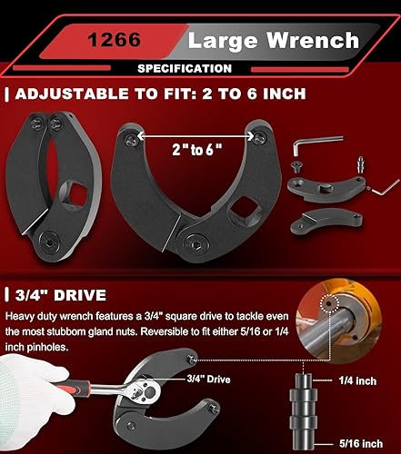 Miniatura 4 de Camoo Juego de 2 llaves de tuerca de glándula ajustables 1266 y 7463 Llave inglesa de cilindro hidráulico universal ajustable, quitar e instalar
