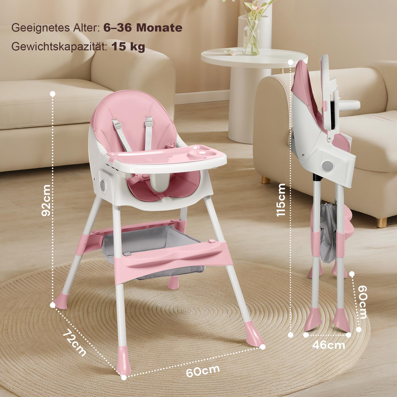 LEADZM Seggiolone 3 in 1, si trasforma in una sedia a dondolo, vassoio doppio rimovibile, pieghevole per bambini da 6 a 36 mesi (rosa)