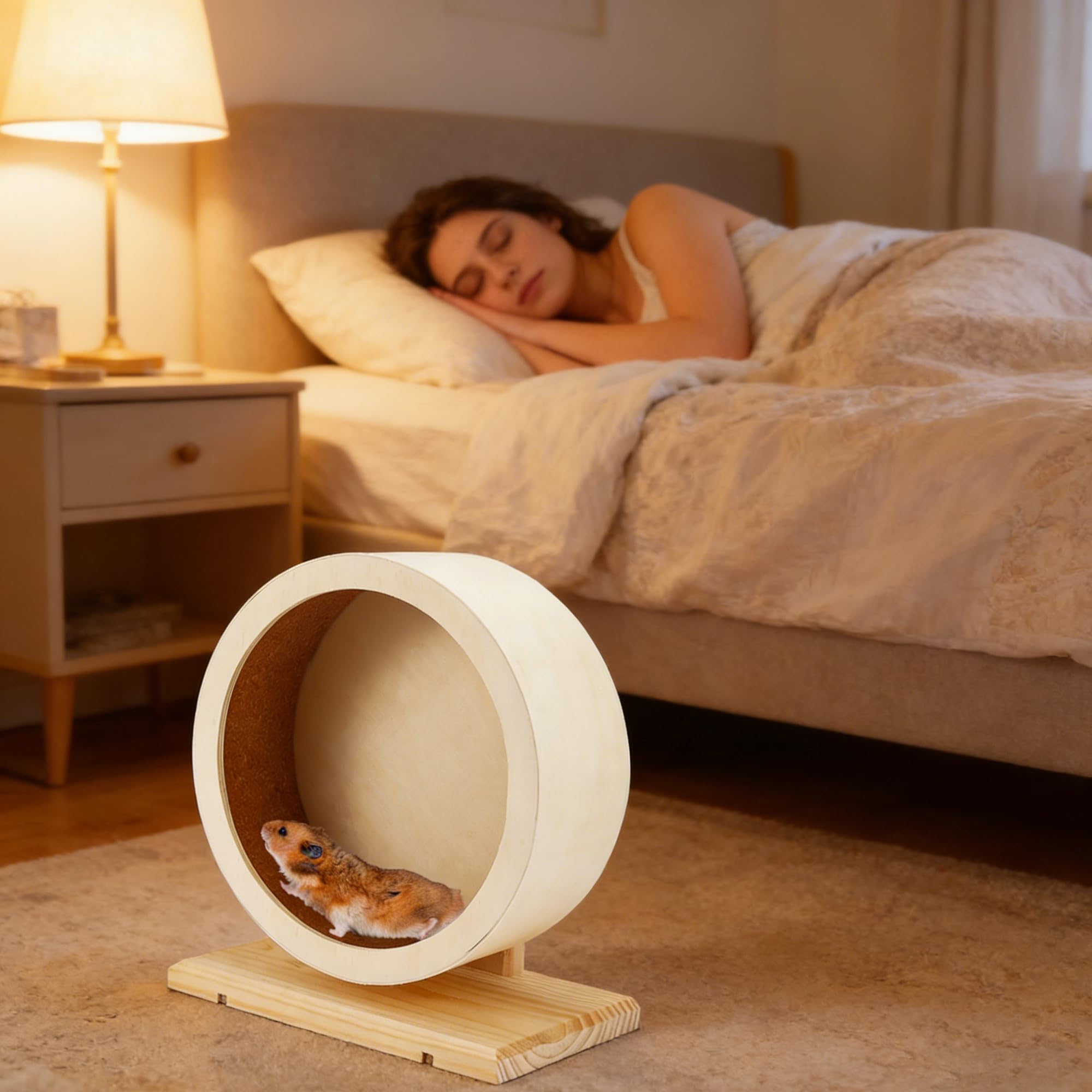 Rueda de hámster de 20 cm, rueda de ejercicio silenciosa de madera con base, rueda de ejercicio de doble rodamiento, rueda giratoria silenciosa para jerbos de hámster sirio enano y animales